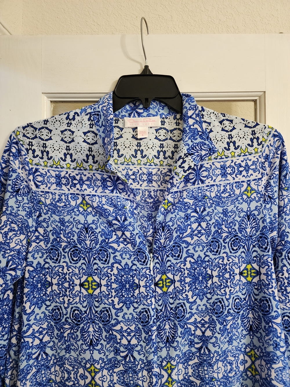 Oscar de la Renta Pink Label Blue Tile Print Caftan Lounge Dress Size Small - Picture 4 of 15